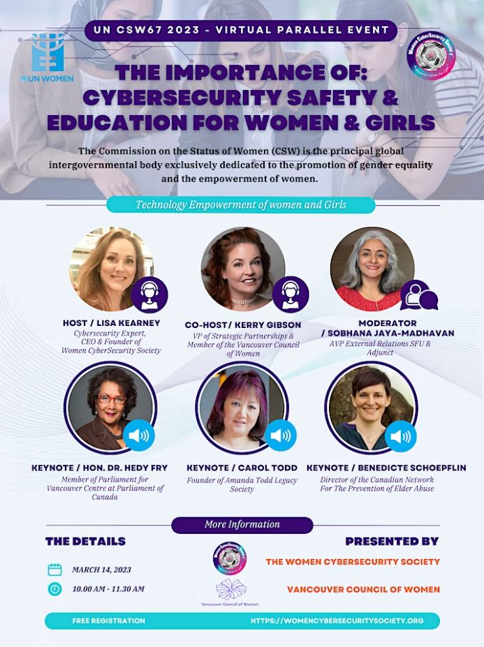 CSW parallel event cybersecurity safety and education for women and girls vancouver council of women and women cybersecurity society